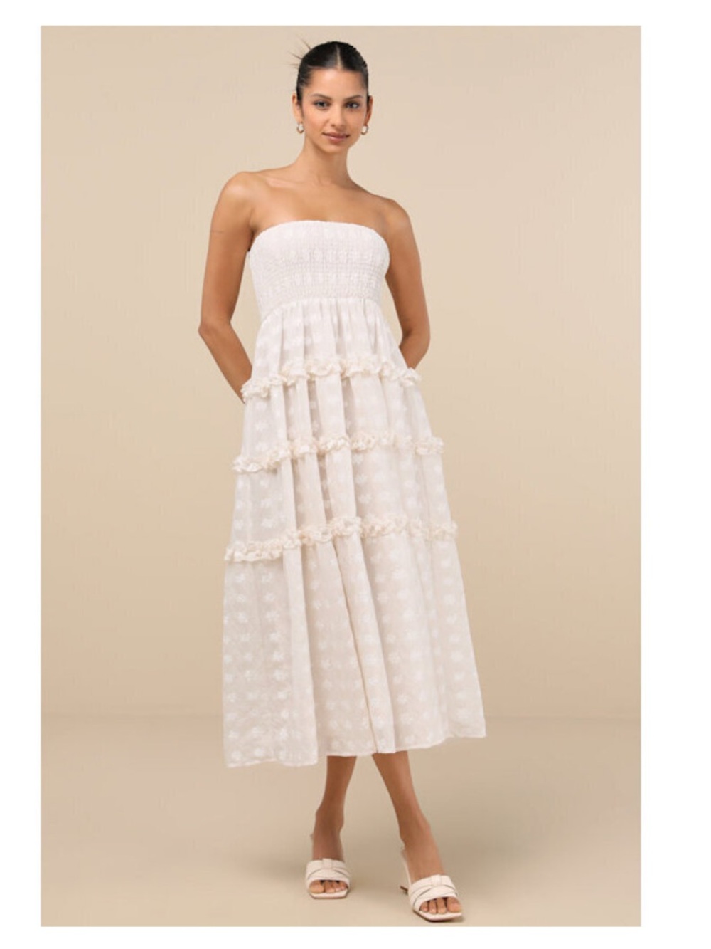 Lulu's White Strapless Smocked Tiered Midi Dress